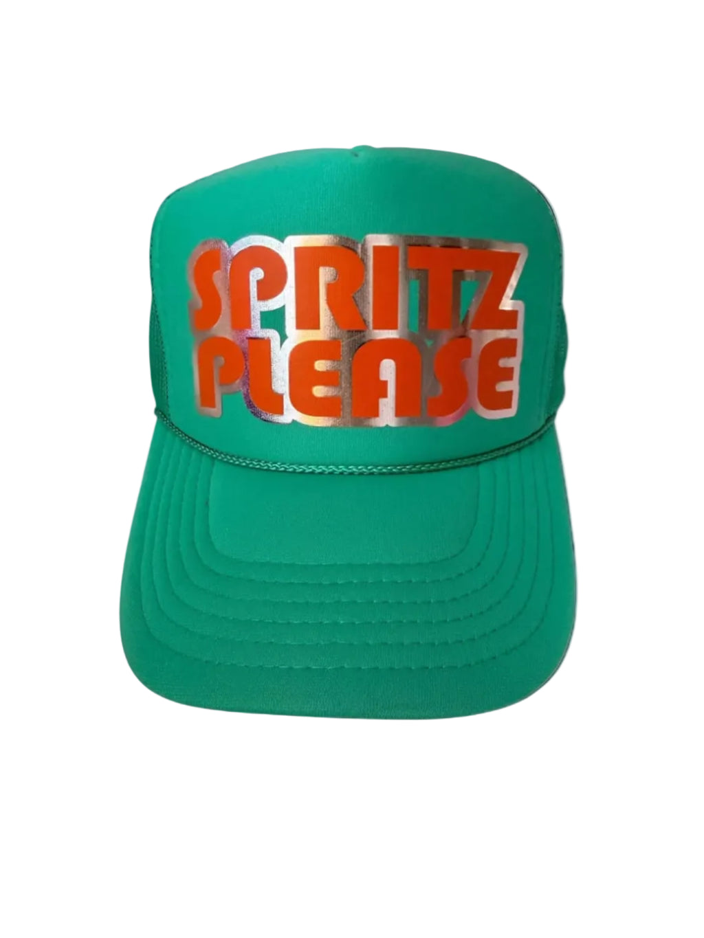 Spritz Please Trucker Hat, Green/Orange/Silver Metallic