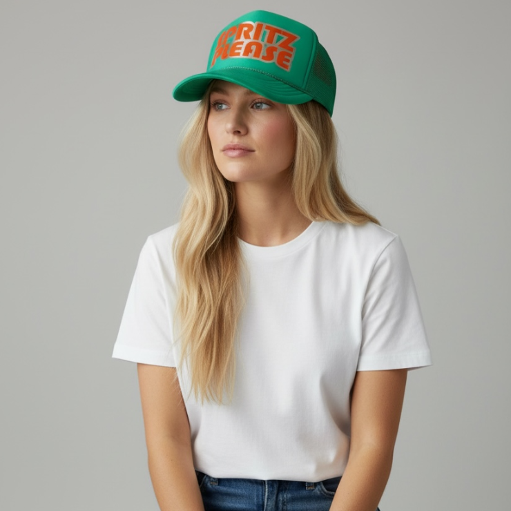 Spritz Please Trucker Hat, Green/Orange/Silver Metallic