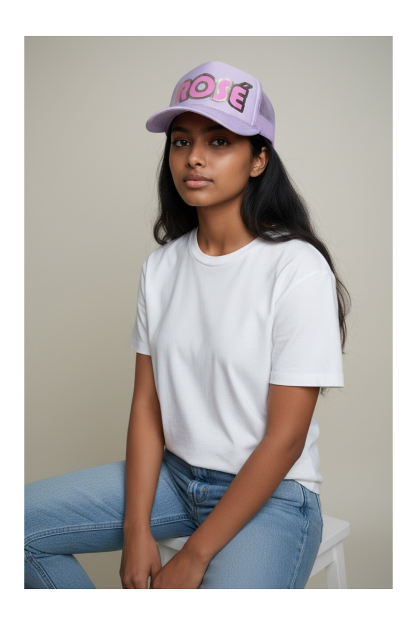 Rosé Trucker Hat, Lavender/Pink Metallic